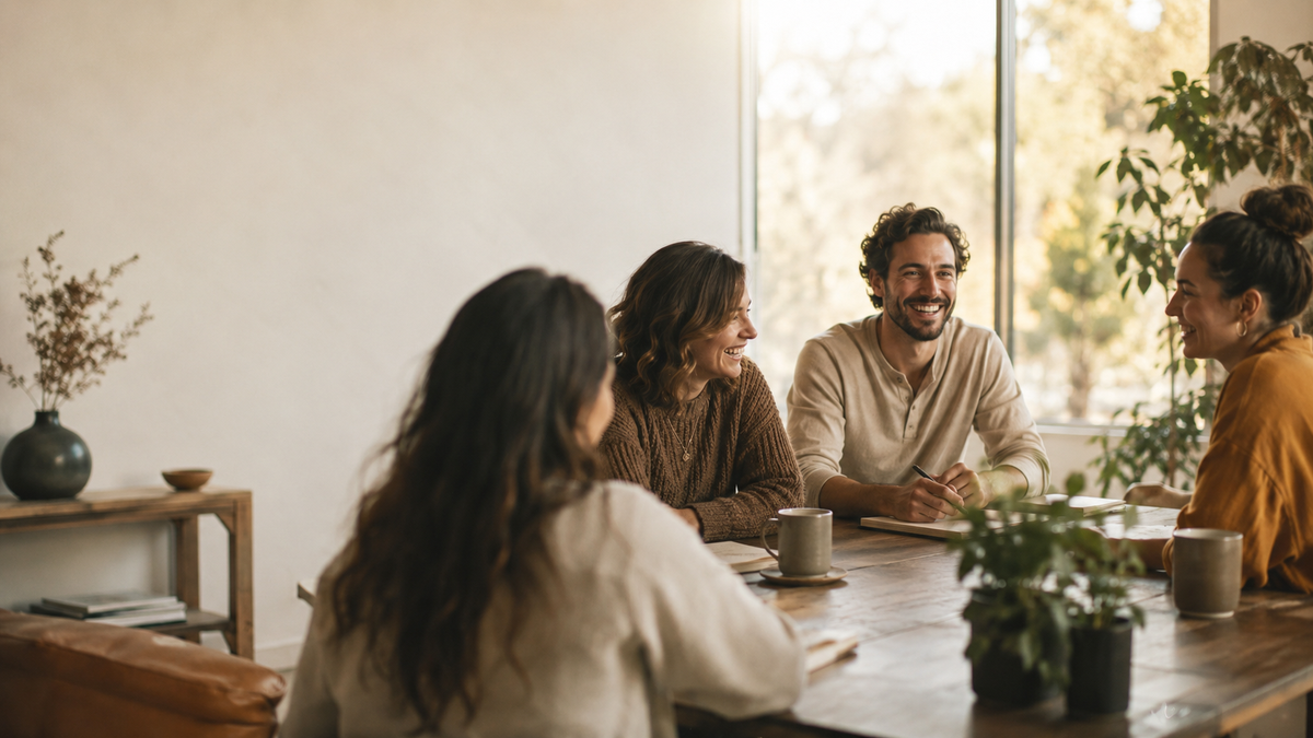 A small team in conversation around a table